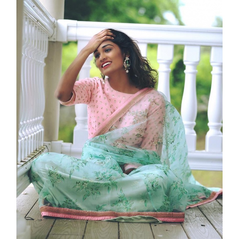 Saree : sea green silk digital printed saree