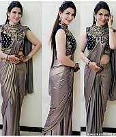 Silver grey zari georgette plain partywear saree with embroidered blouse