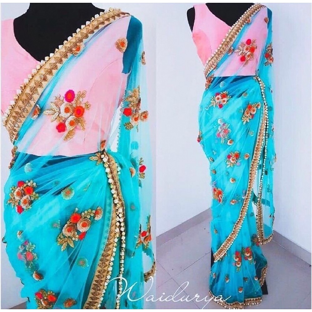 sky soft mono net sequence embroidered partywear saree