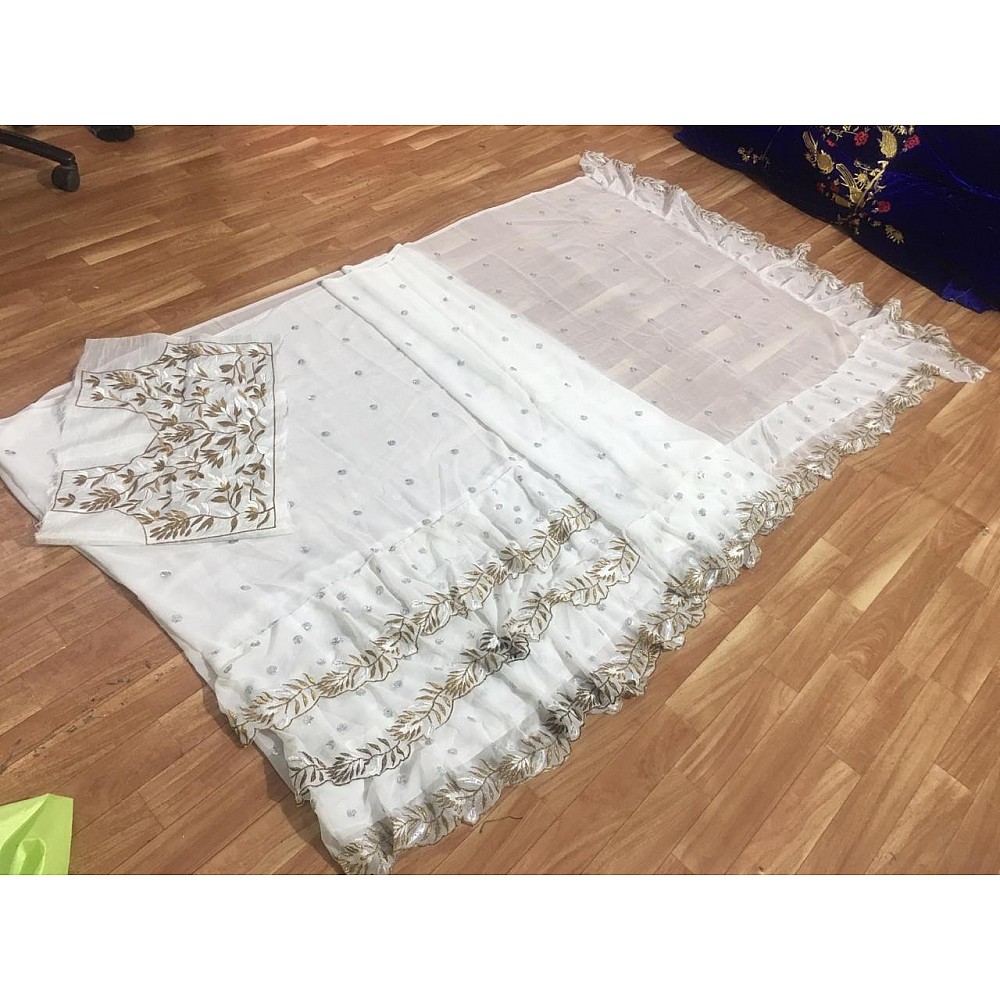 white georgette designer embroidered ceremonial ruffle saree