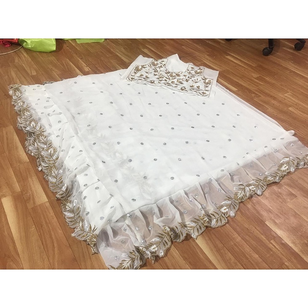 white georgette designer embroidered ceremonial ruffle saree