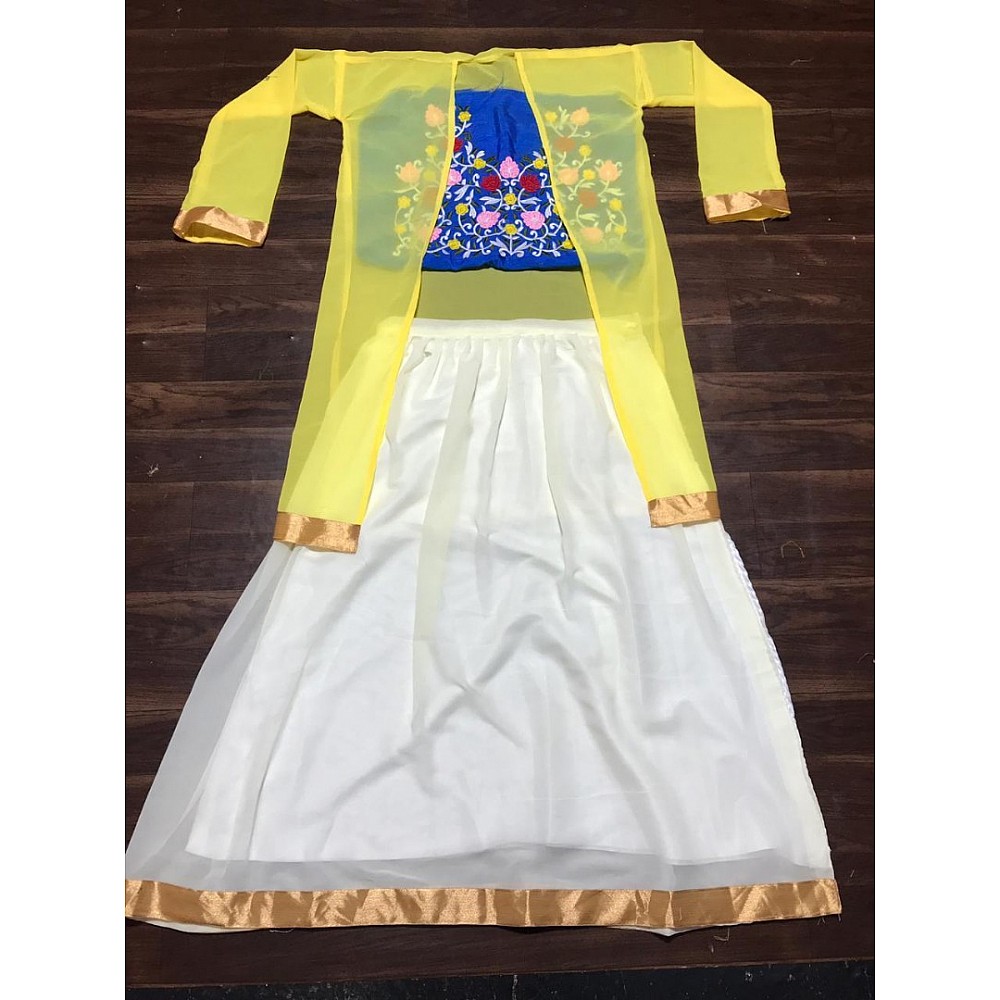 white soft georgette indowestern lehenga with shrug and embroidered blouse