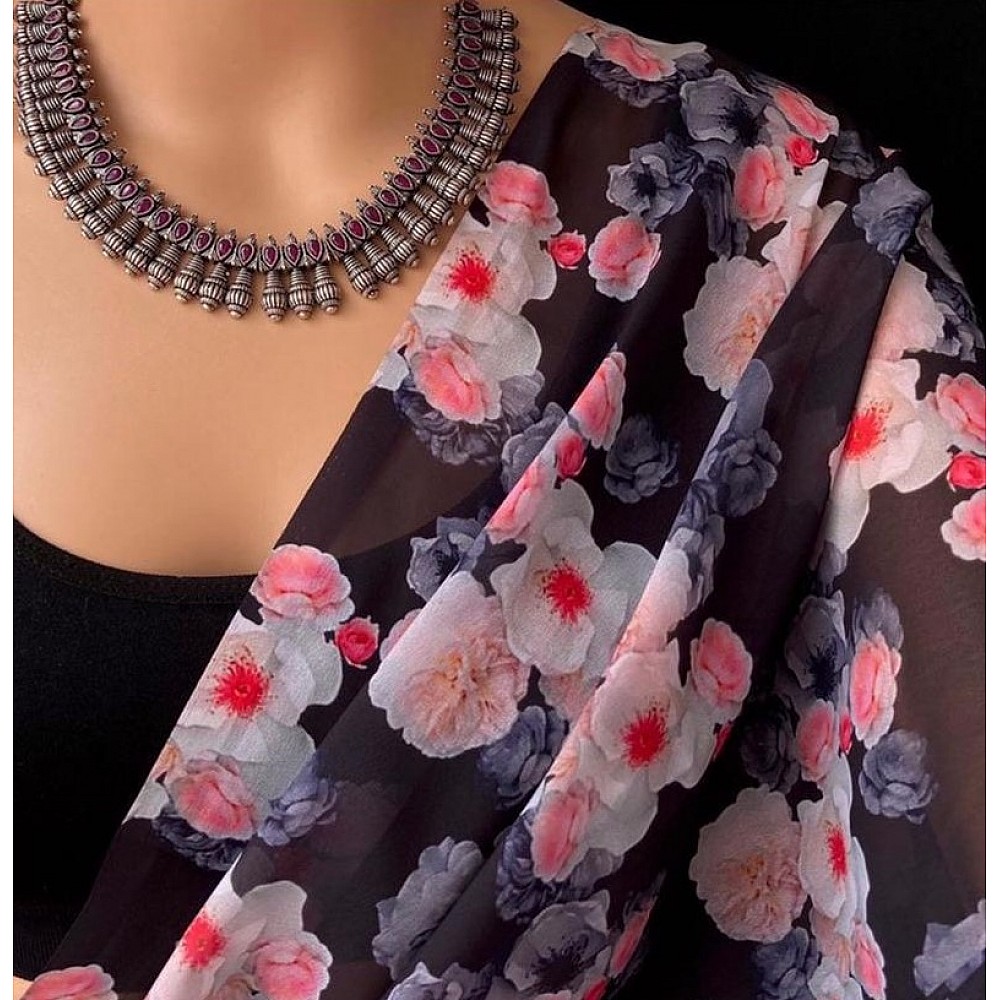 Black georgette digital flower printed work saree
