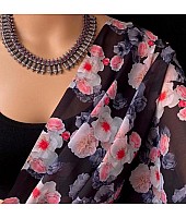 Black georgette digital flower printed work saree