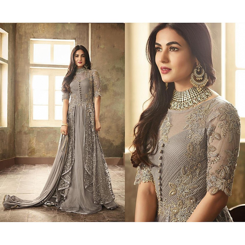 Grey heavy net embroidery and stone worked designer gown with dupatta