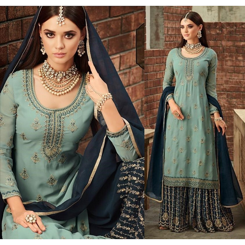 heavy faux georgette embroidered plazzo salwar suit