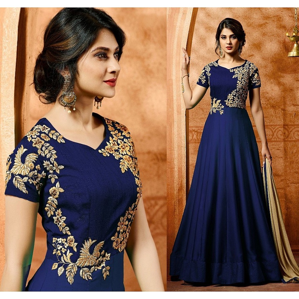 Blue faux georgette beautiful embroidered partywear gown