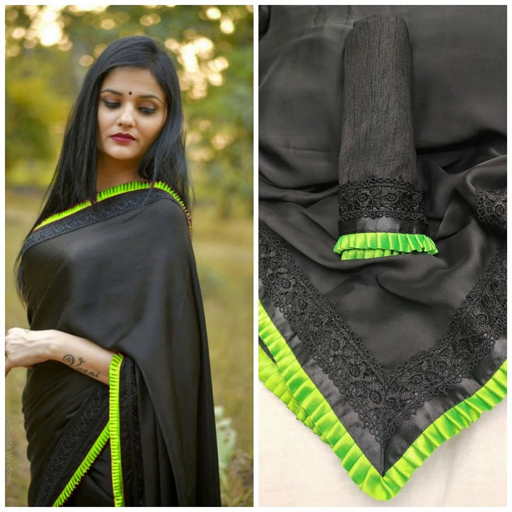 Black rangoli silk beautiful frill border partywear saree