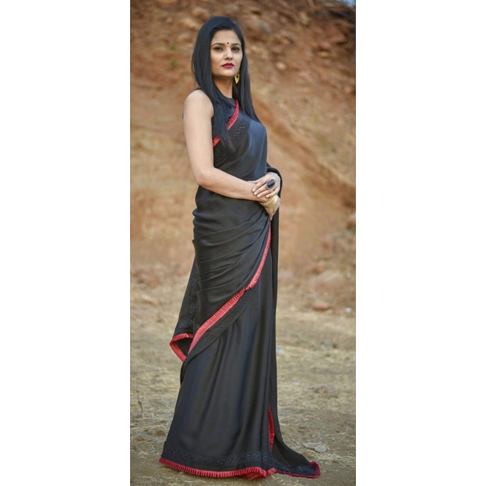 Black rangoli silk beautiful frill border partywear saree