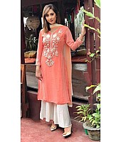 orange georgette embroidery and moti work plazzo suit