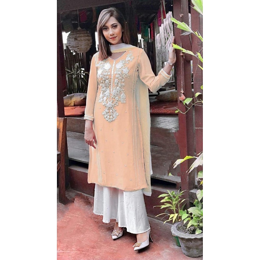 orange georgette embroidery and moti work plazzo suit