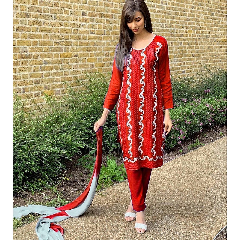 Red georgette embroidered salwar suit