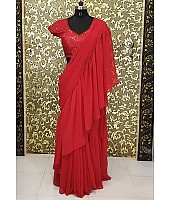 Red ruffle georgette partywear saree with sequence work blouse