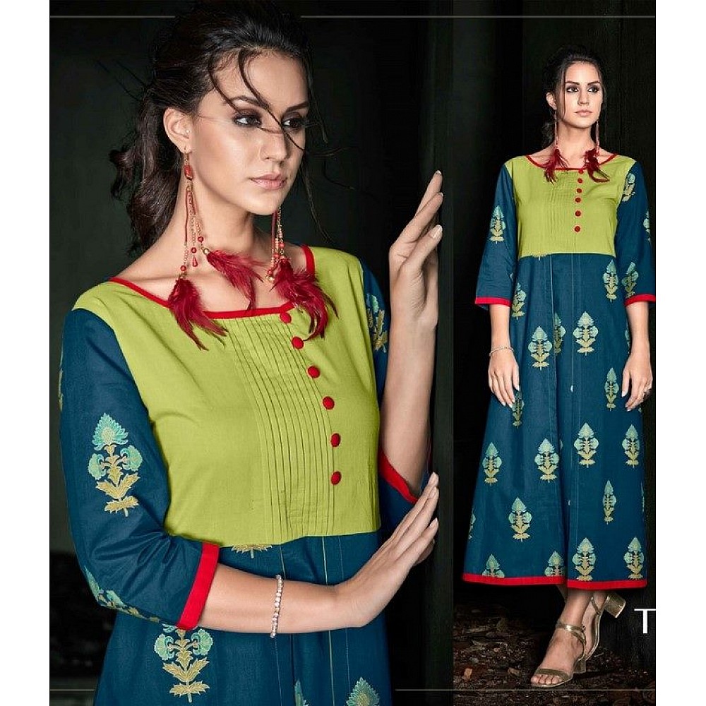 Green & Teal Colored Rayon Printed & Button Work Simple Straight Stitched Kurti