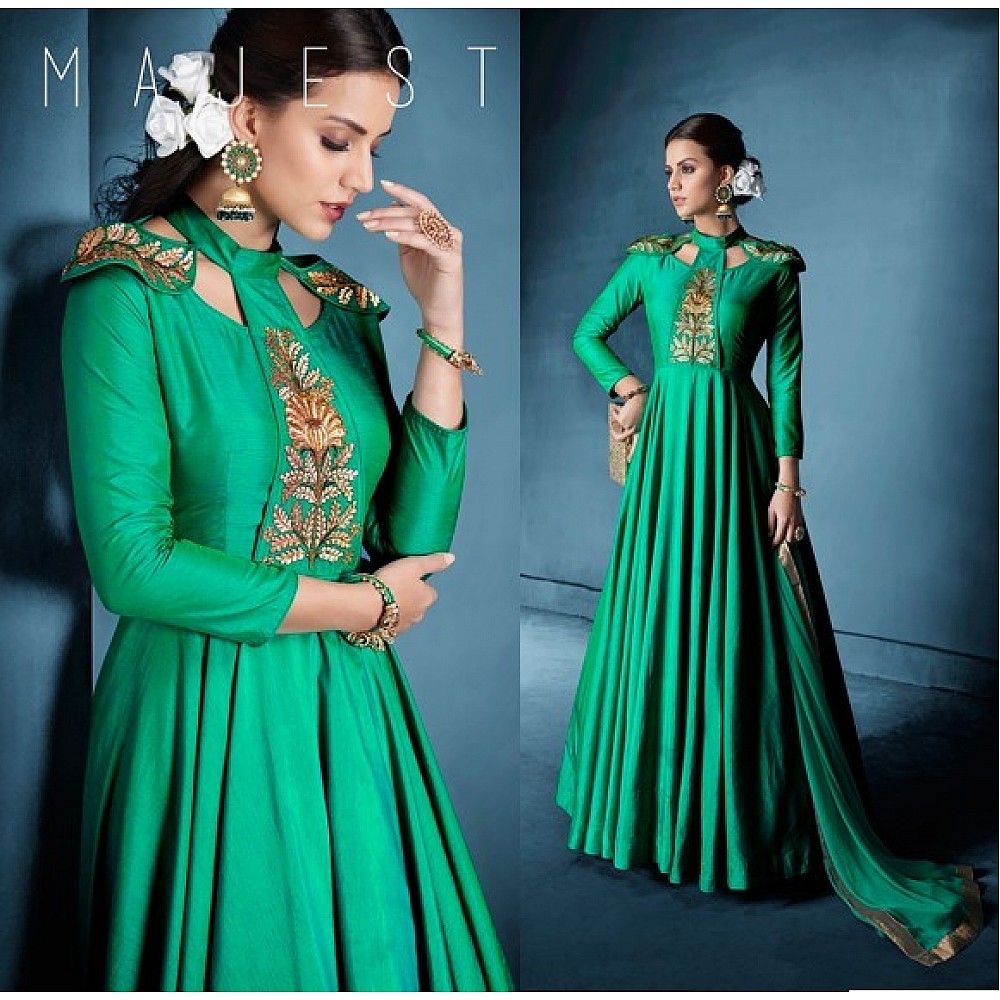 Light Green Colored Soft tapeta Silk Zari & Resham Embroidery with Stone and Moti Work Semi Stitched gown