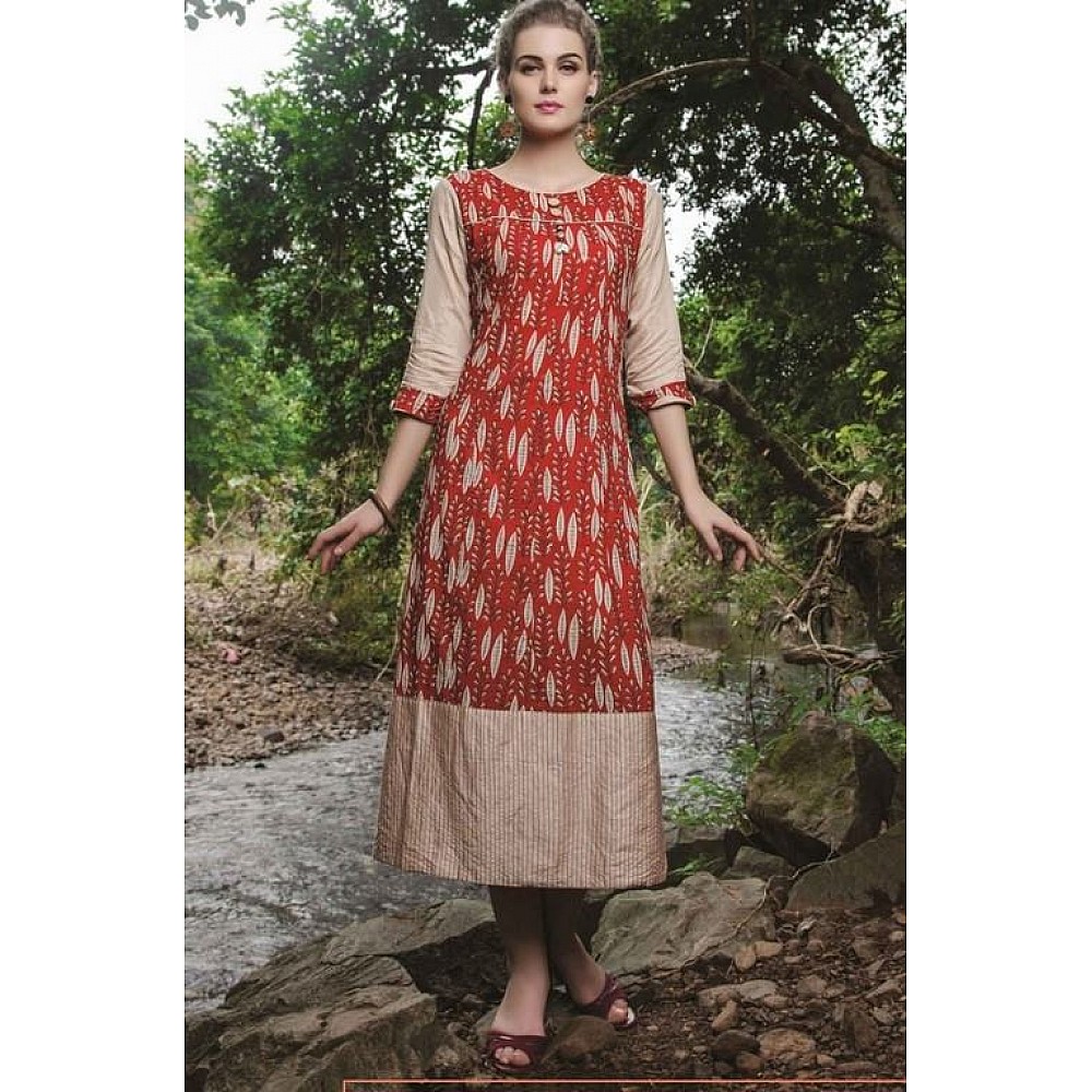Red & Beige Colored Cotton Printed Stitched Kurti