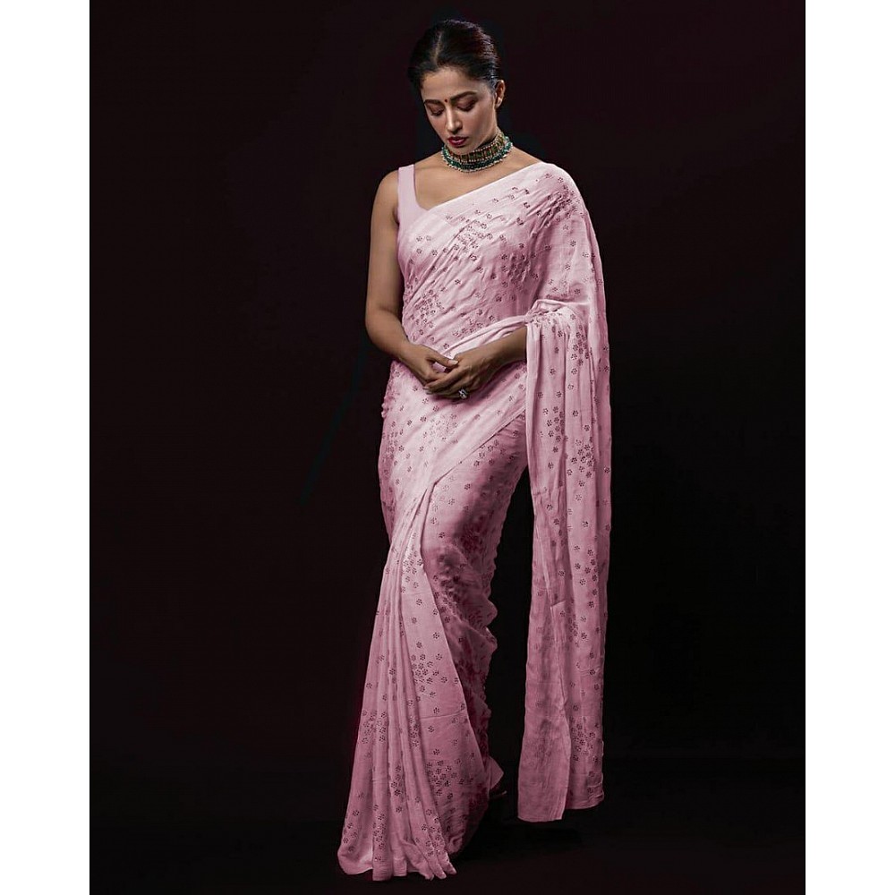 Baby pink pure georgette mukesh work designer saree