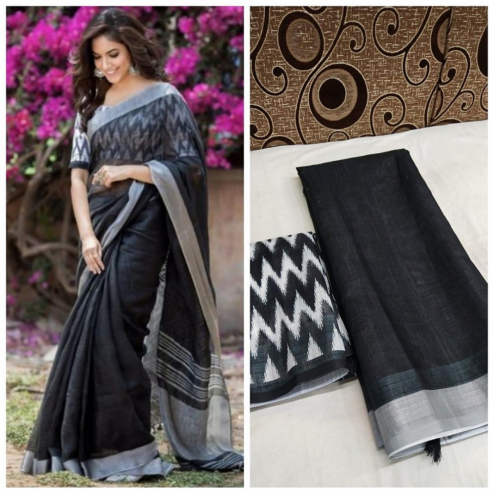 Black plain linen saree with printed blouse