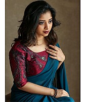 Blue pure georgette satin lace border saree with handwork blouse
