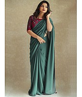 Blue pure georgette satin lace border saree with handwork blouse
