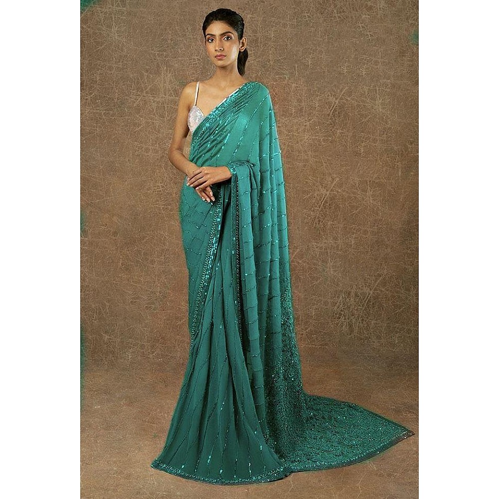 Bottle green georgette sequence work embroidery work saree