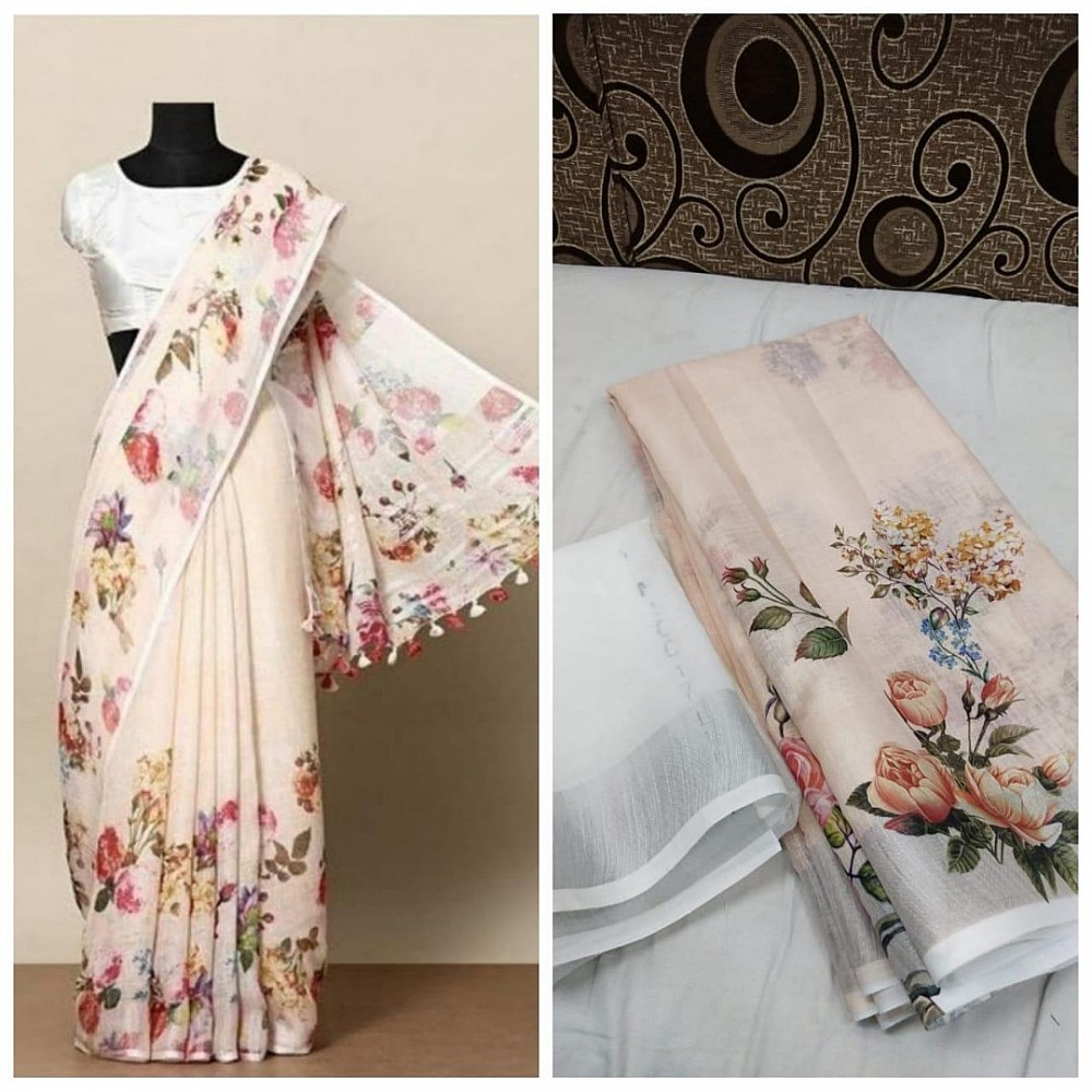 Cream floral printed linen saree