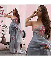 Grey organza digital printed casual wear saree
