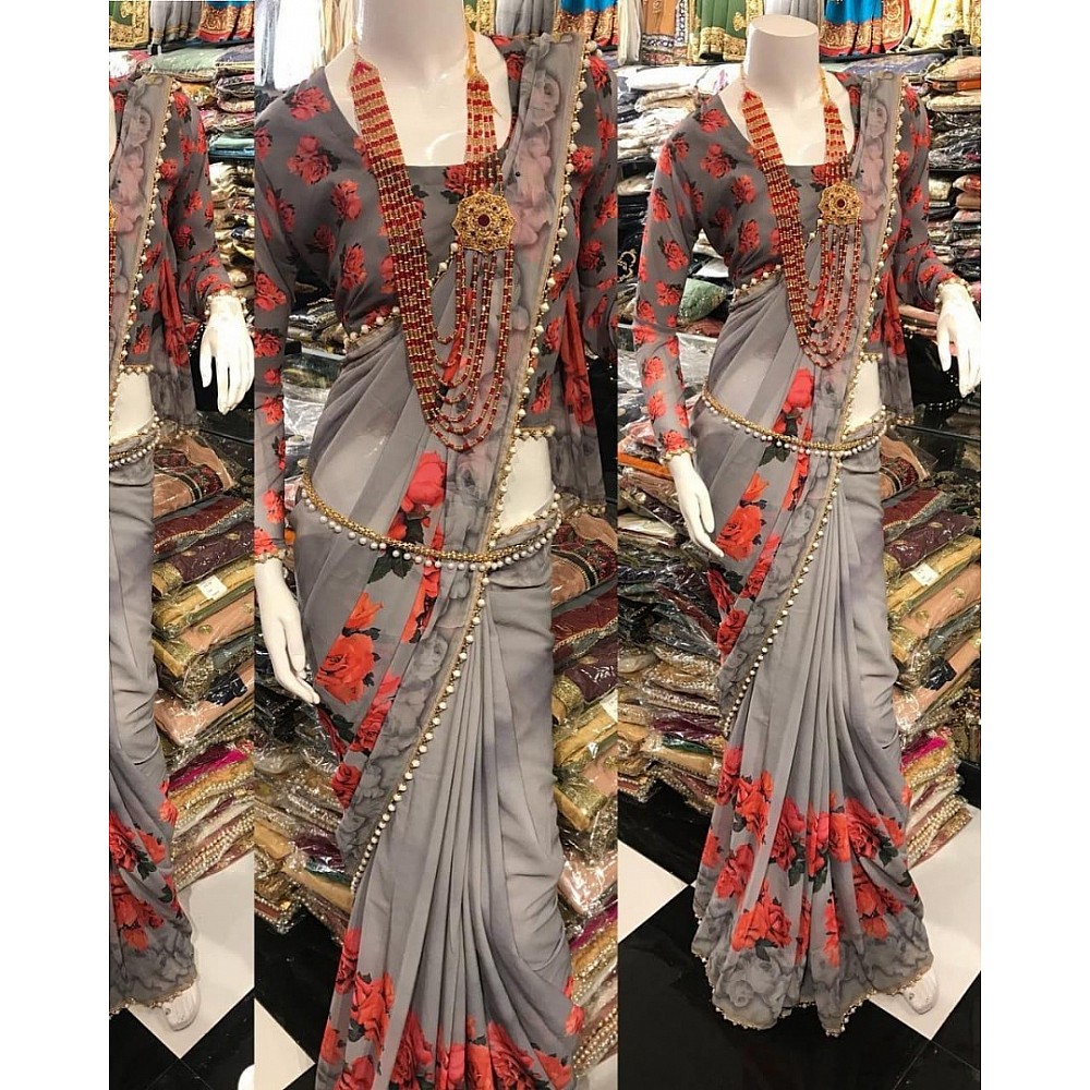 Grey pure georgette designer floral digital printed partywear saree