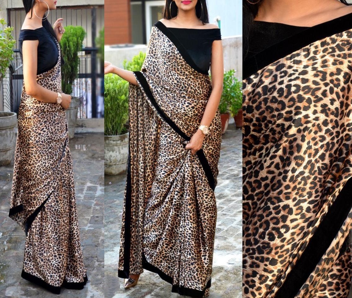 Leopard print georgette digital printed saree - Fashiond ...
