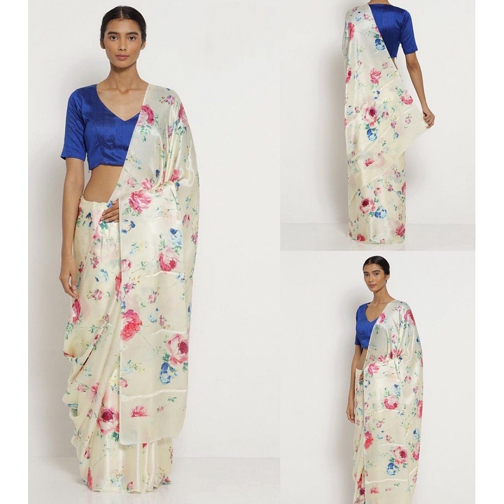 Off white soft satin floral digital printed attractive saree