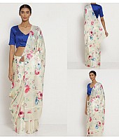 Off white soft satin floral digital printed attractive saree