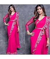 pink georgette plain party wear saree with satin ruffle lace