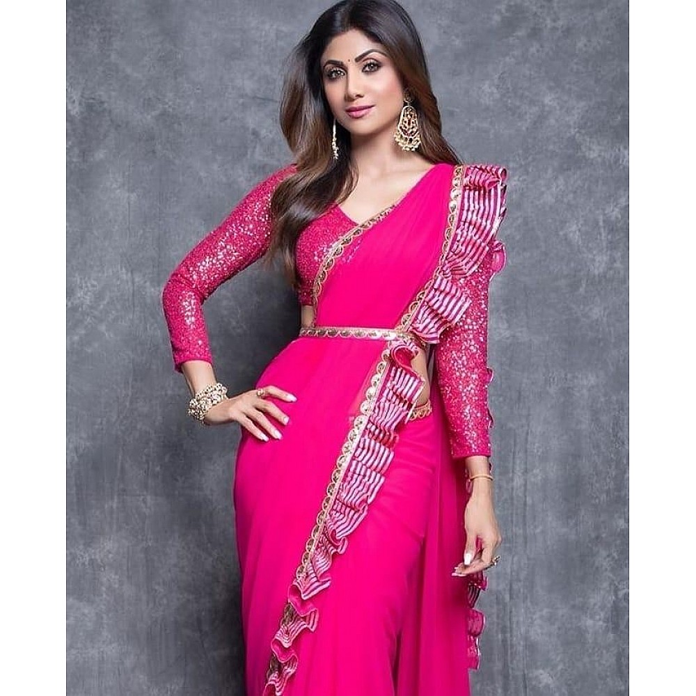 pink georgette plain party wear saree with satin ruffle lace