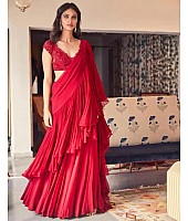 Red ruffle georgette partywear saree with sequence work blouse