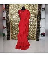 Red Stylist partywear ruffle saree with net embroidered blouse
