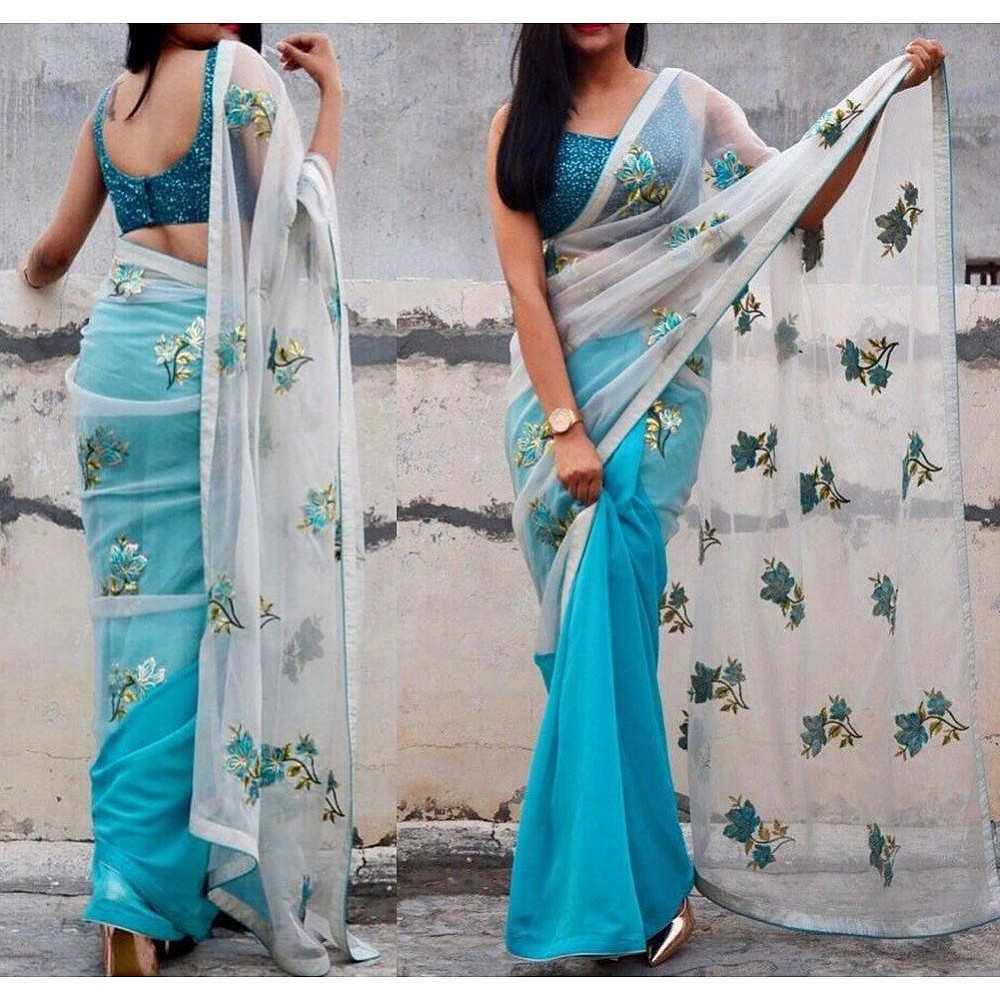Saree : White and blue half half embroidered saree - Fas ...
