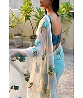 White and blue half half embroidered saree