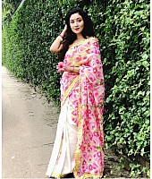 white and pink floral digital printed satin saree