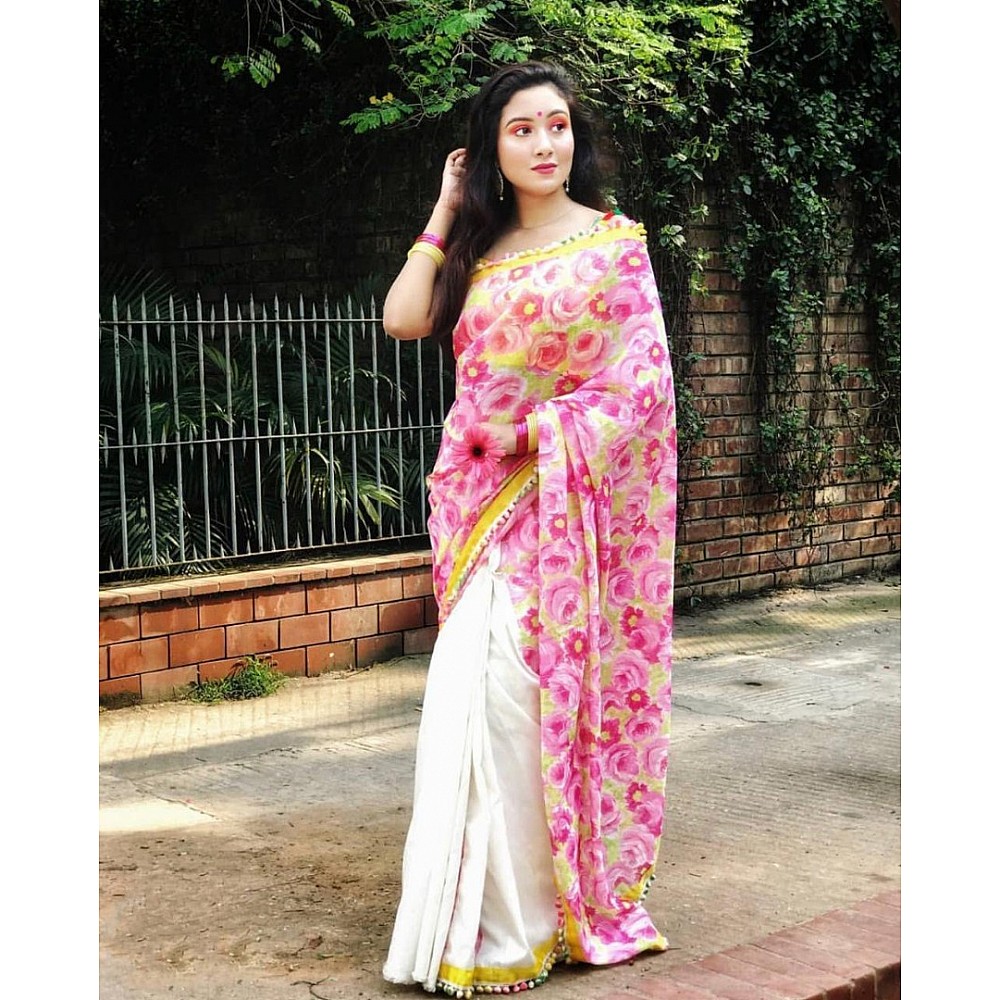 white and pink floral digital printed satin saree