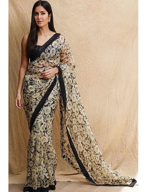 White flower printed pure orgenza designer saree with sequence work blouse