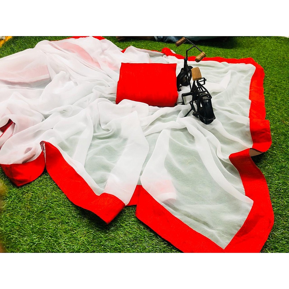White georgette red border plain saree