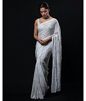 White pure georgette mukesh work designer saree