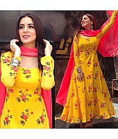 yellow floral printed anarkali suit