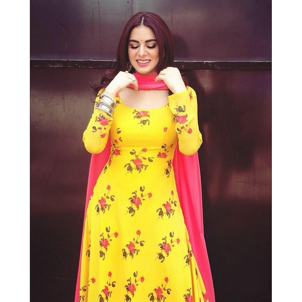 yellow floral printed anarkali suit