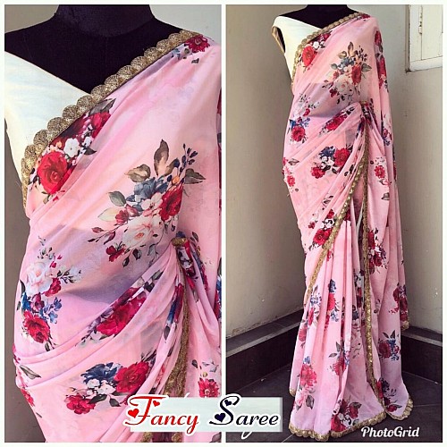 baby pink floral printed casual wear saree