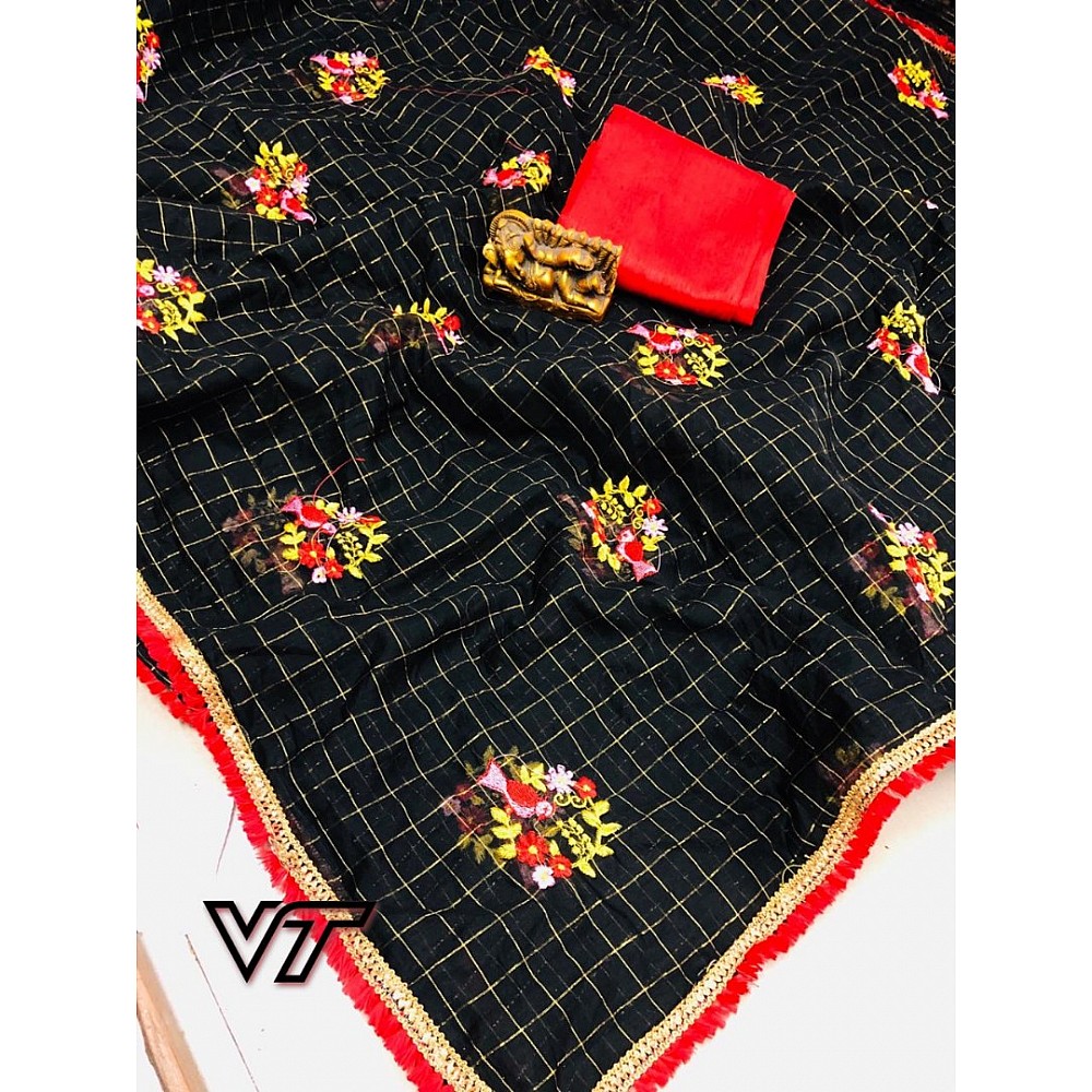 black chanderi silk checks embroidered saree