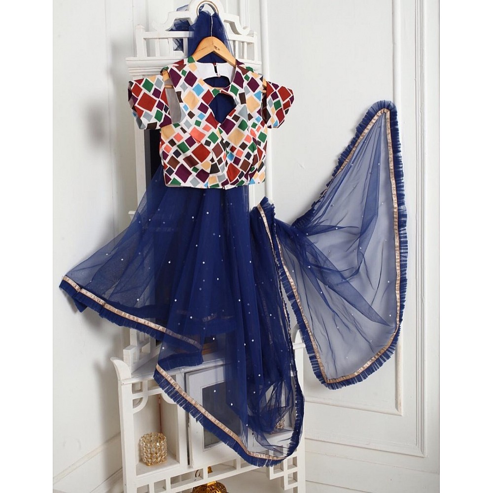 Blue mono net partywear saree with printed blouse