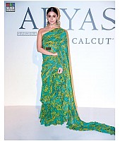 Green georgette floral digital printed designer ruffle saree