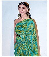 Green georgette floral digital printed designer ruffle saree