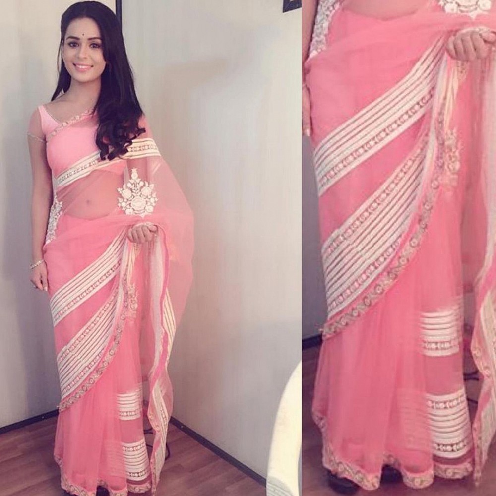 pink faux georgette embroidered ceremonial saree